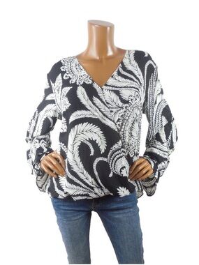 INC Top XL Black/White Print V-Neck Blouse Hi/Low Hem Nwot Flared Long Sleeves